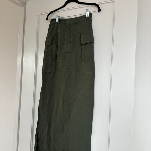 NWT LE Local European Cargo Maxi Skirt Raw Hem Side Slit Utility Pockets Olive - Picture 6 of 11